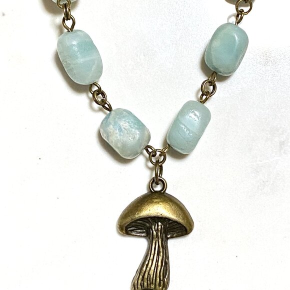 Natural Light Teal Amazonite Necklace, Bronze Slim Mushroom + Genuine Gemstone - Picture 4 of 12